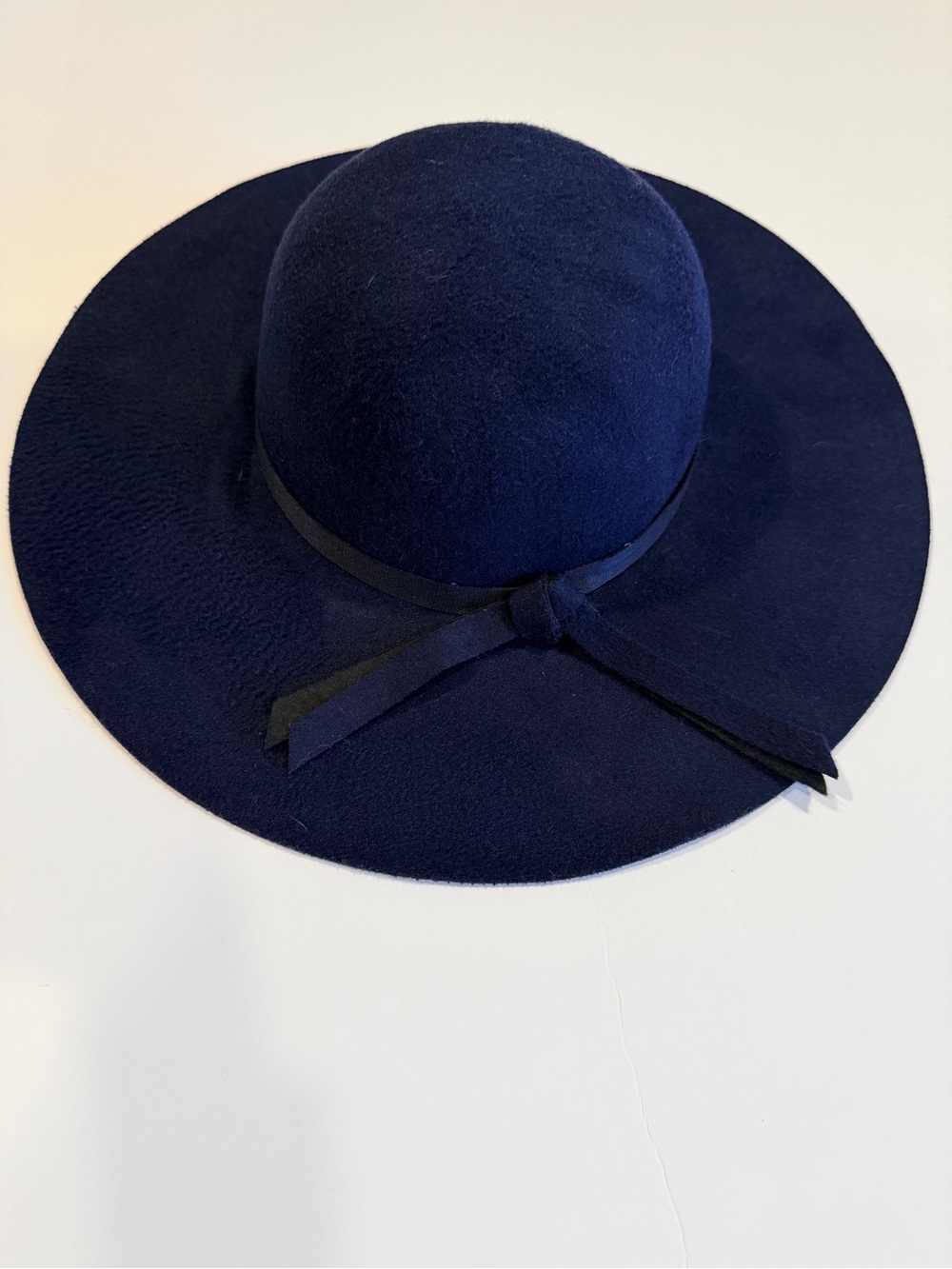 Wide Brim Felt Sun Hat in Navy with Ribbon Trim